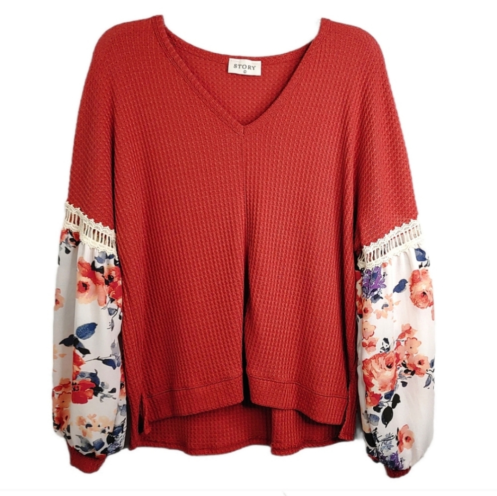 Story Floral Billow Sleeve Boho Style Blouse Women's Size Large L